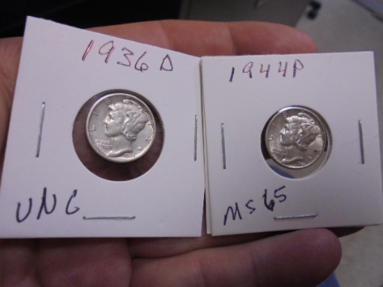 1936 D Mint & 1944 P Min Silver Mercury Dimes