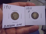 1911 & 1914 D Mint Silver Barber Dimes