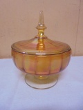 Vintage Marigold Carnival Glass Footed Candy Dish w/Lid