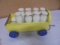 Vintaeg Wooden Child's Pull Wagon w/ 8 Wood Milk Bottle & 2 Wood Eggs