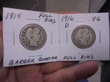 1914 & 1916  D Mint Silver Barber Quarters