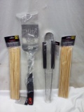 Grill Kit. Spatula, Tongs, & 100 Bamboo Skewers.