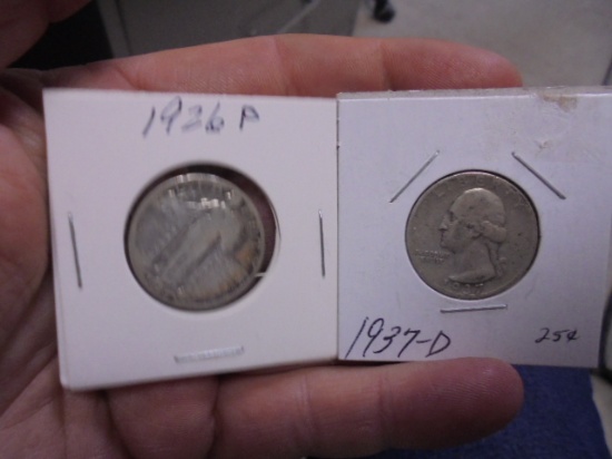 1926 P Mint Silver Standing Liberty & 1937 D Mint Silver Washington Quarters