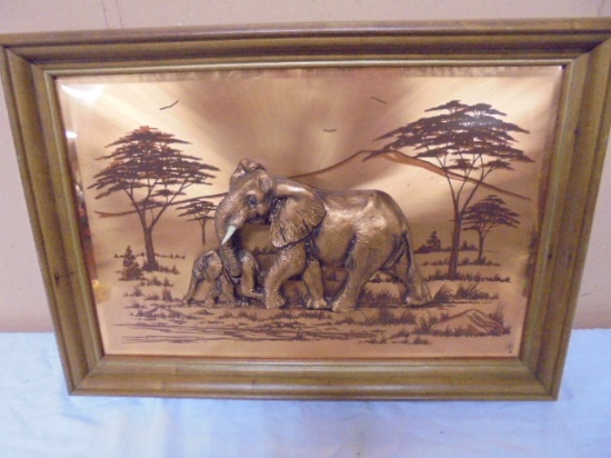 Vintage John Louw 3D Raised Copper Elephant & Calf Wall Art