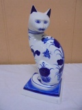 Beautiful Cobalt Glazed Pottery Cat Statue