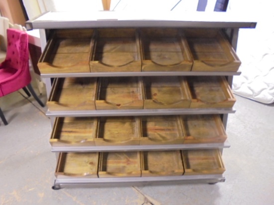 Like New Design Rolling Display Unit 2/ 16 Removable Wood Bins