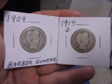 1909 & 1914 D int Silver Barber Quarters