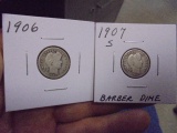1906 & 1907 S Mint Silver Barber Dimes