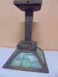 Vintage Mission Style Ceiling Light Fixture w/ Green Slag Glass