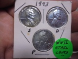 1943 P-D-S Mint Steel Lincoln Wheat Cents Set