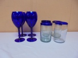 Set of 4 Blue Stemware Goblets &  Blue Rim Glasses
