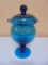 Vintage Blue Art Glass Pedistal Candy Dish w/ Lid