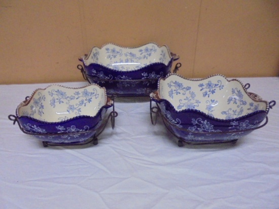 3pc Set of Tempations Floral Lace Bowls w/ Metal Holders