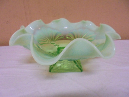 Vintage Jefferson Glass Shell & Dots Green Opalescent Ruffled Footed Bowl