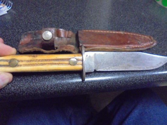 Vintage Bone Handled Hunting Knife w/ Leather Sheaf