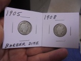 1905 & 1908 Silver Barber Dimes