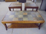Beautiful Solid Wood Slate Top Coffee Table & 2 Matching End Tables