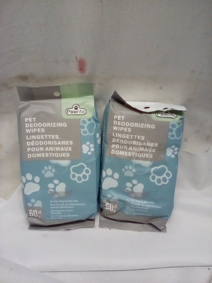 Pet Deodorizing Wipes. Qty 2- 60 Count Packages.