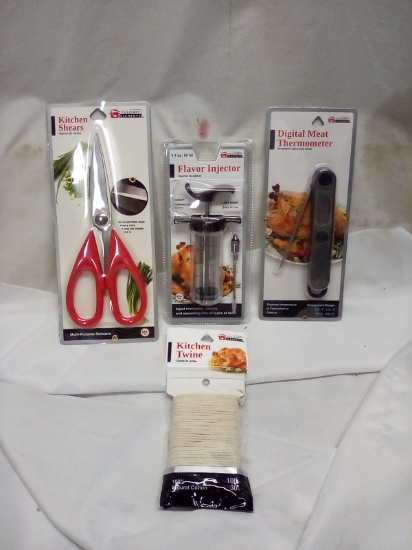 Culinary Elements Kitchen Shears, Flavor Injector, Thermometer, & Twine.