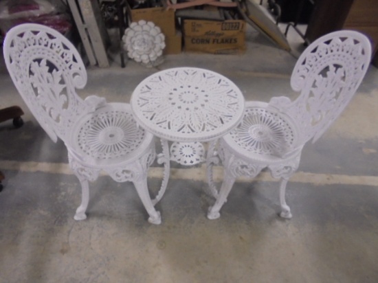 Small Ornate Cast Iron Table & 2 Matching Chairs