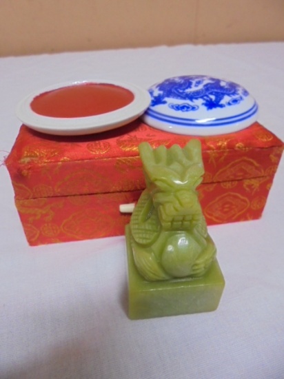 Chinese Jade Carved Dragon Stamp Chop w/ Procelain Ink Pad