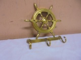 Solid Brass Ships Wheel Wall Hanger w/ 3 Hooks