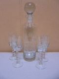 Beautiful Etched Crystal Decanter w/ 4 Matching Stemmed Goblets