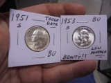 1951 S Mint & 1953 S Mint Silver Washington Quarters