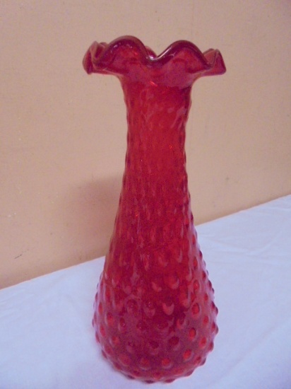 Vintage Ruby Crimped Edge Bubble Art Glass Vase