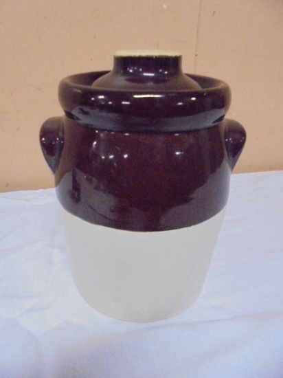Brown Over White Crock w/ Lid