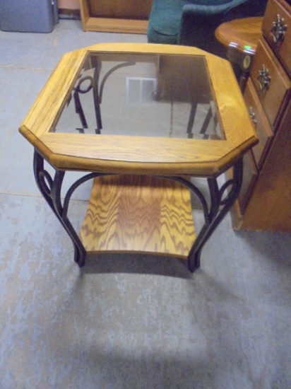 Oak & Iron Side Table w/ Glass Insert in Top