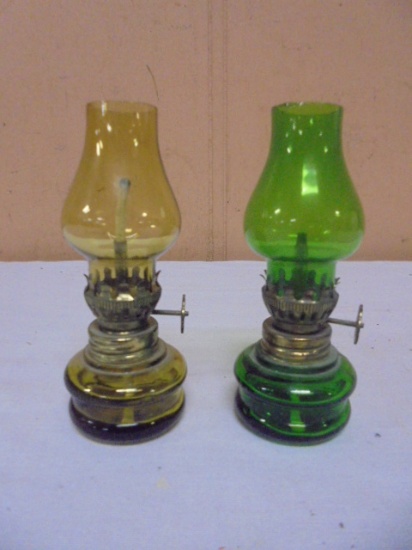 Amber & Green Glass Miniature Oil Lamps
