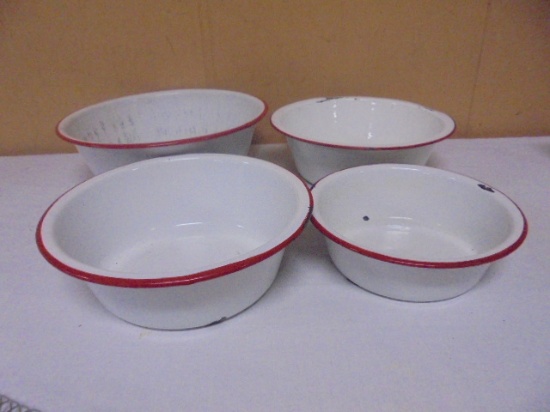 Group of 4 White & Red Vintage Enamelware Pans