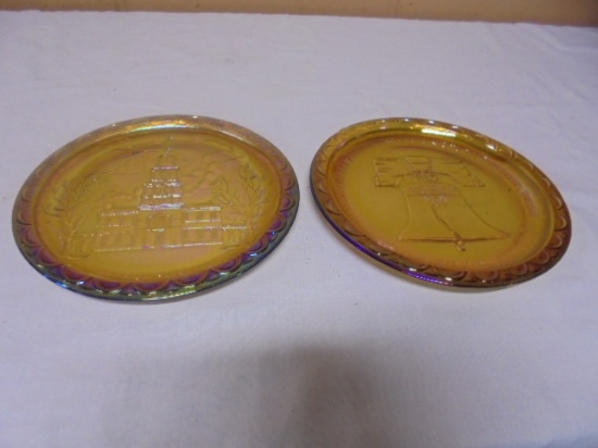 2 Vintage Indiana Glass Amber Iridescent Bicentennial Plates
