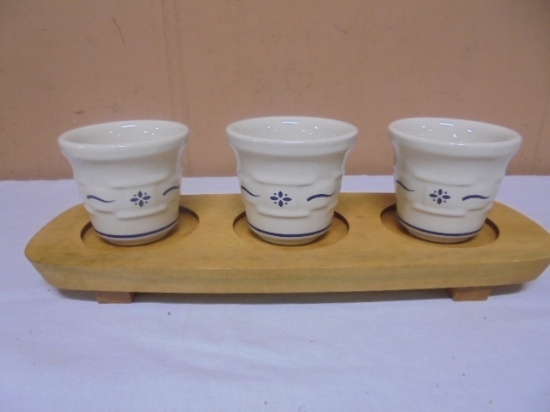 3 Longaberger Pottery Woven Traditions Heritage Blue Small Pots on Longaberger Wooden Holder