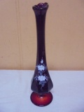 Beautiful Fenton Hand Painted & Singed Ruby Art Glass Vase