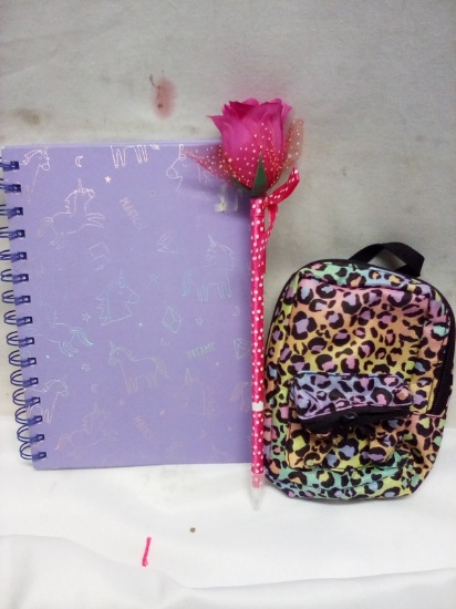 QTY 1 Unicorn pad, QTY 1 Rose pen, QYT 1 Mini backpack