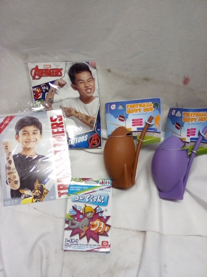 QTY 2 Football sippy cup, 1 go fish game, 2 sets of tattoos