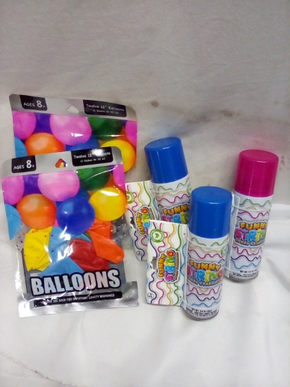 QTY 3 Silly String and QTY 2 pkg 12 ct balloons