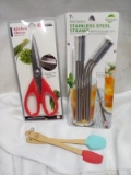 QTY 1 each Kitchen shears, Stainless steel straws, mini spatulas