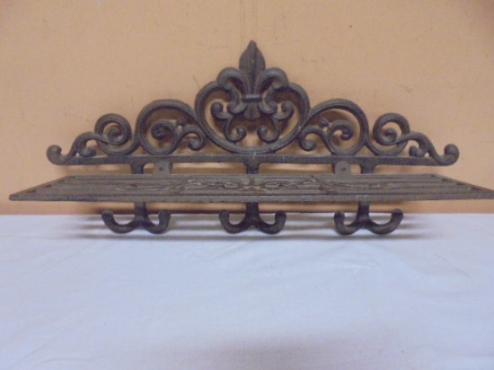 Cast Iron Ornate Wall Shelf w/ 3 Double Hooks