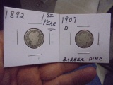 1892 & 1907 D Mint Silver Barber Dimes