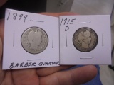 1899 & 1915 D Mint Silver Barber Quarters