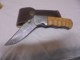Custom Handmade Damascus Blade Lockblade Knife w/ Leather Sheaf