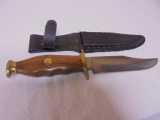 Wooden & Brass Handled Hunting Knife w/ Leather Sheaf