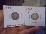 1905 & 1910 D Mint Silver Barber Dimes