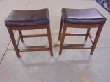 2 Matching Solid Wood Leather Padded Seat Stools