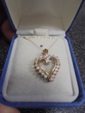 Ladies 10k Gold Heart Pendant & Necklace w/ Stones