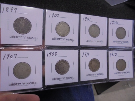Group of 8 Assorted Date Liberty "V" Nickels