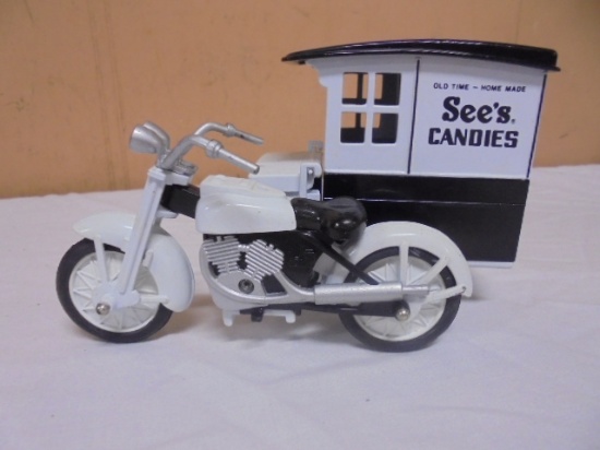 Vintage See's Candy Die Cast Motorcycle & Delivery Side Car